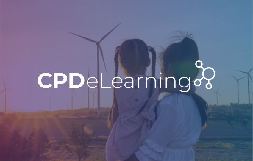 Adult and child looking at wind farm with CPD eLearning logo overlayed